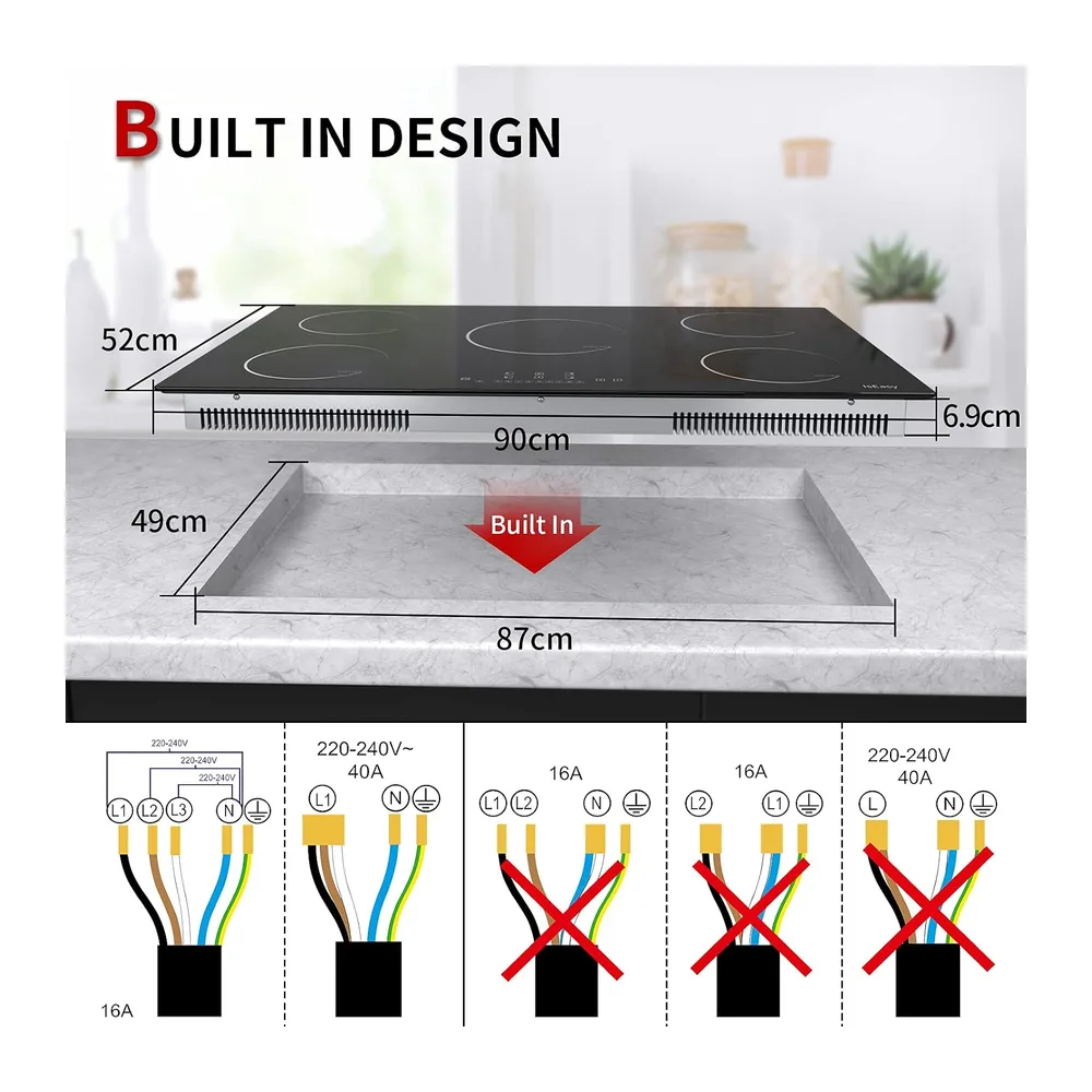 IsEasy Piastra a induzione a 5 fuochi, piastra di cottura a induzione 5 fuochi, da incasso, 8600 W, booster, — 2