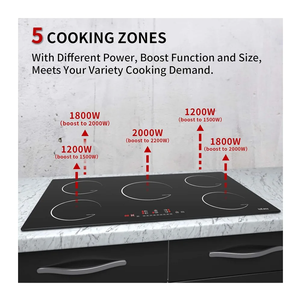 IsEasy Piastra a induzione a 5 fuochi, piastra di cottura a induzione 5 fuochi, da incasso, 8600 W, booster, — 4