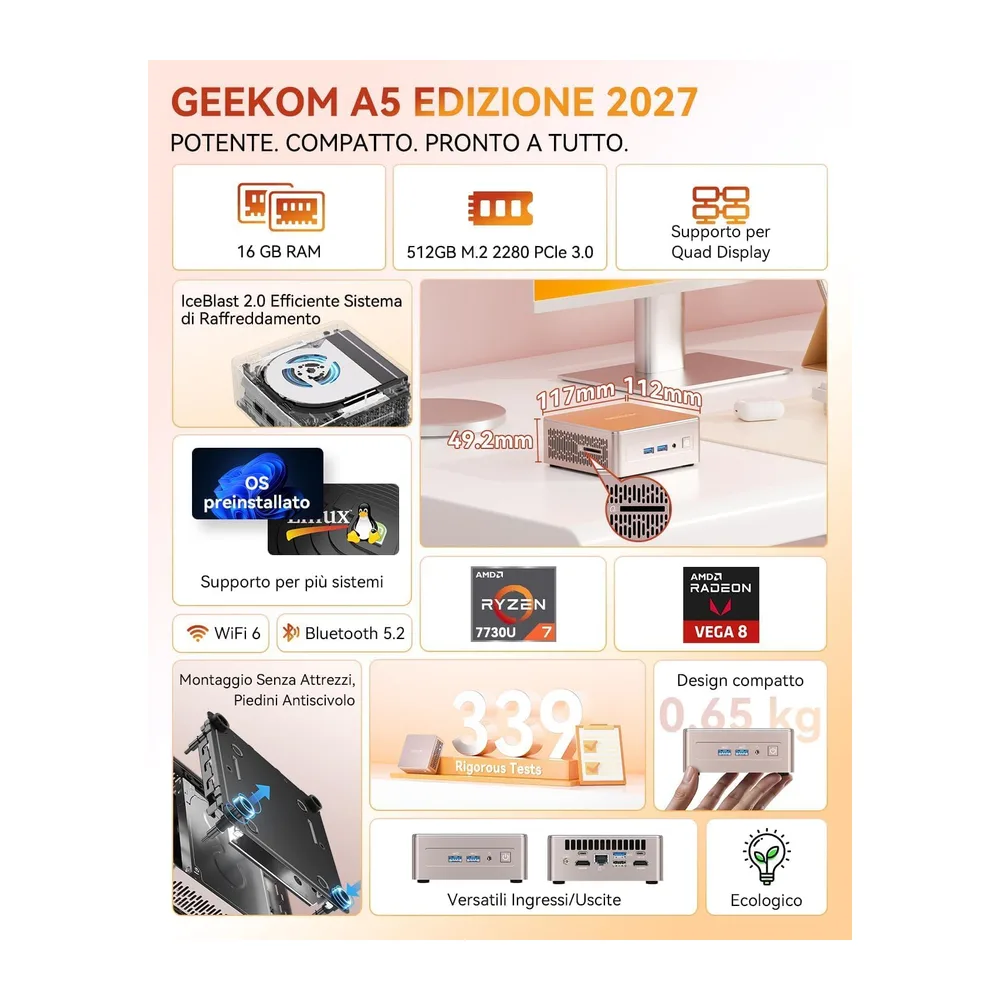 GEEKOM A5 Edizione 2027 Mini PC con AMD Ryzen 7 7730U,16GB RAM e 512GB SSD — 2
