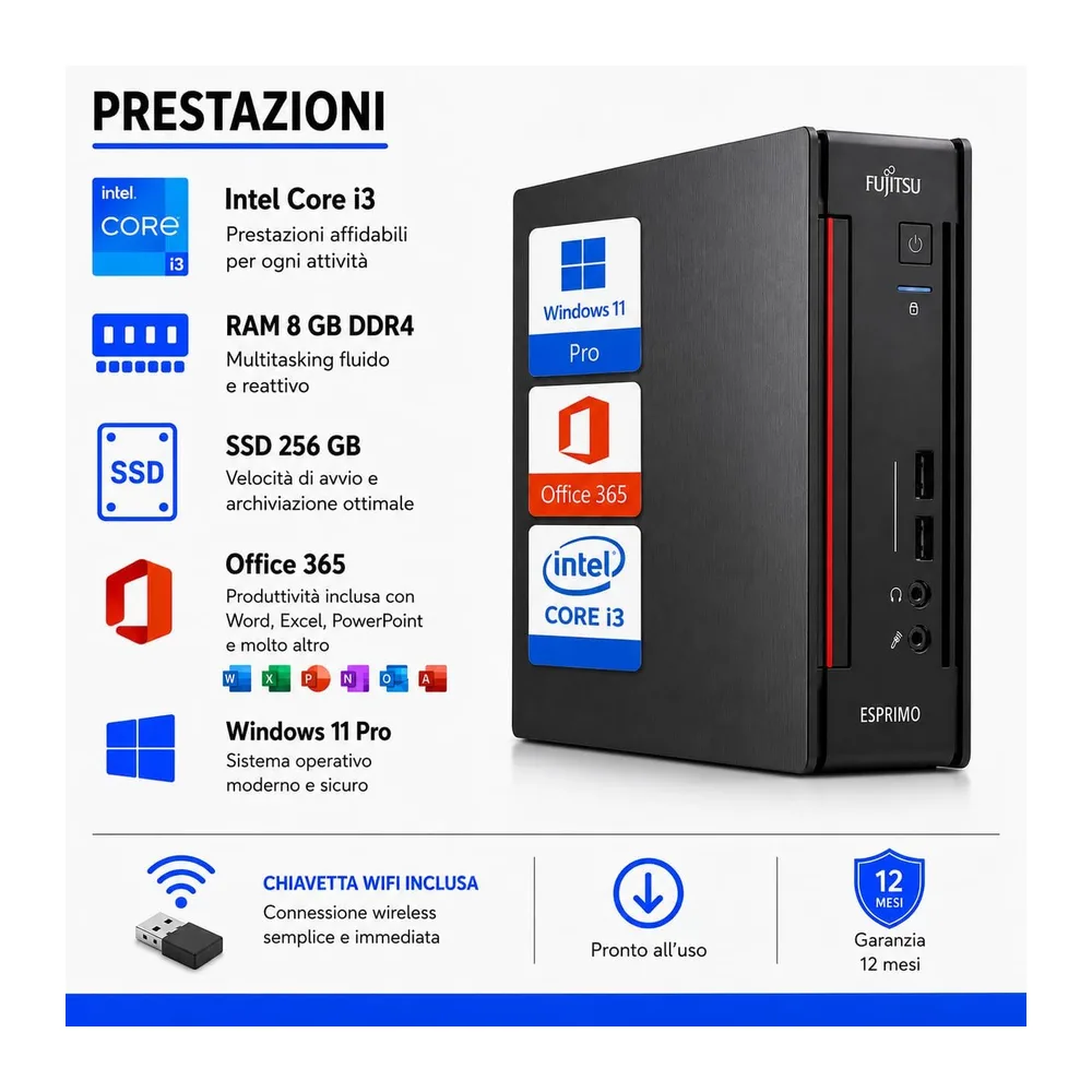 Fujitsu Mini pc Esprimo Q • Intel Core i3 6100T • 8GB Ram • 256 GB Ssd • ingresso USB • WIFI • windows 11 pro — 2