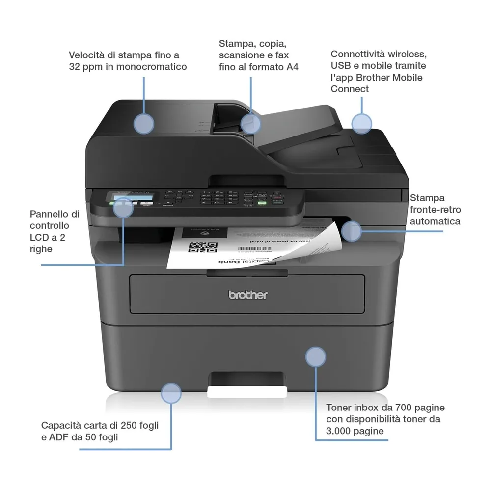 Brother MFCL2800DW | Multifunzione Laser Monocromatica (B/N)|32 ppm|Stampa Fronte/Retro|WiFi,LAN,USB| Inbox — 2