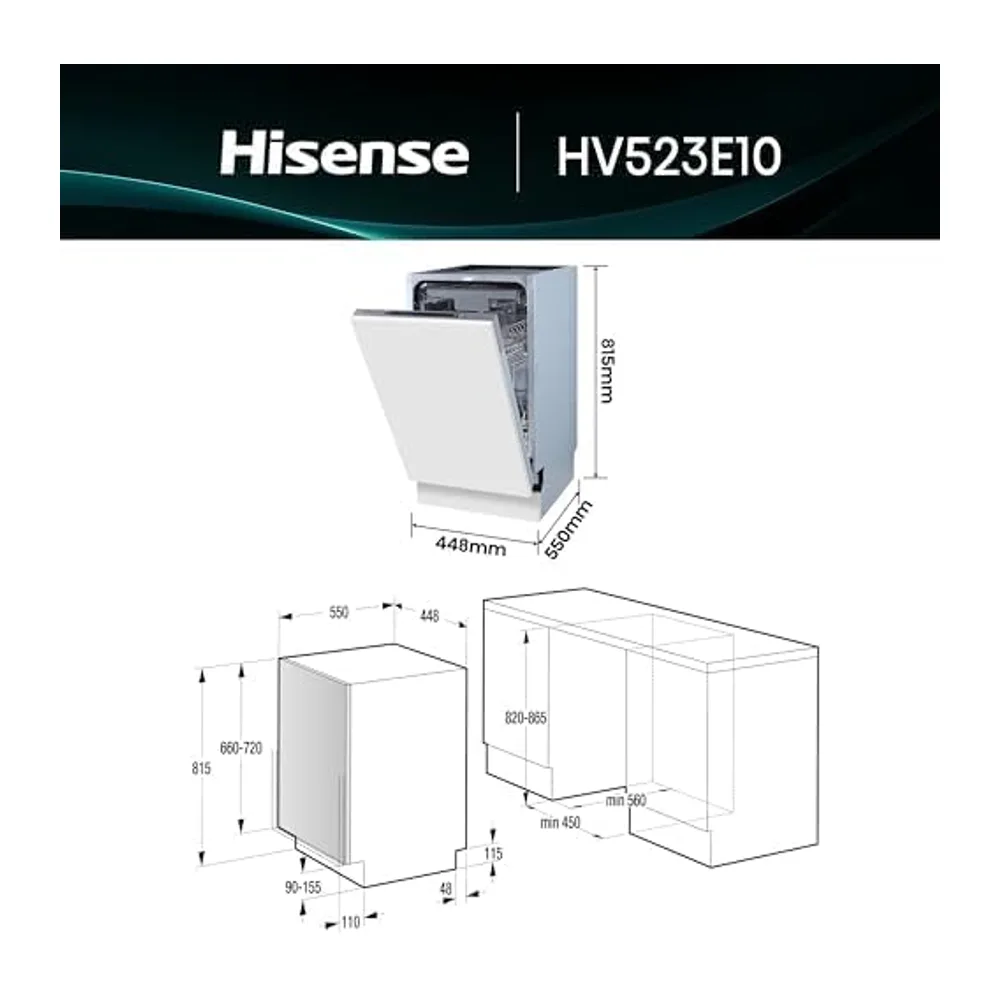 Hisense HV523E10, Lavastoviglie slim, Classe E, 10 coperti, 47db, 7 programmi, terzo cesto, partenza — 3