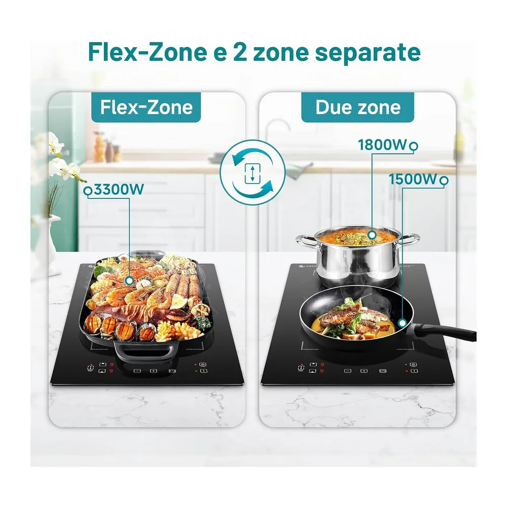 AMZCHEF Piastra Induzione 2 Fuochi, Piano Cottura Induzione con Flex zone con 9 Livelli di Potenza, — 2