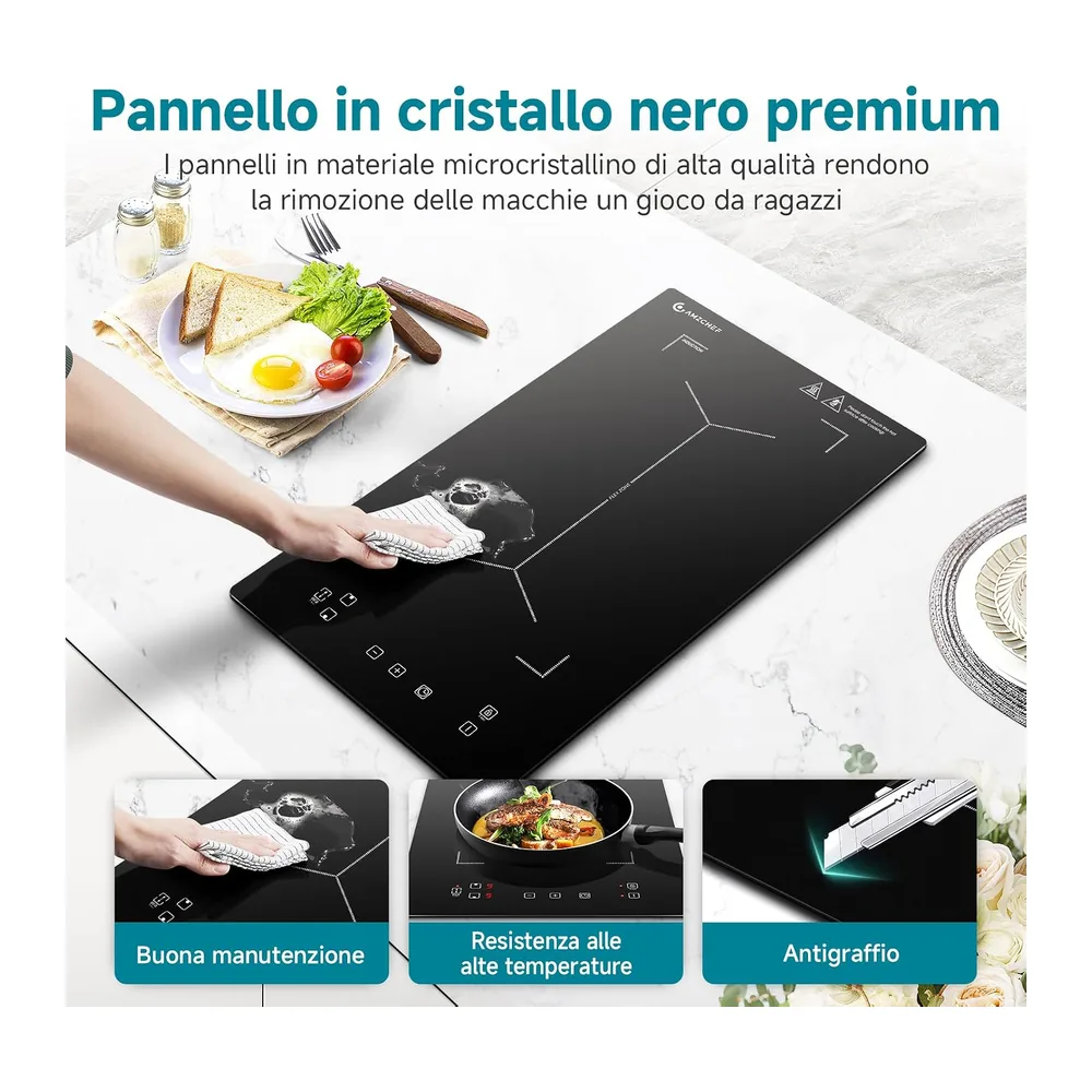 AMZCHEF Piastra Induzione 2 Fuochi, Piano Cottura Induzione con Flex zone con 9 Livelli di Potenza, — 6