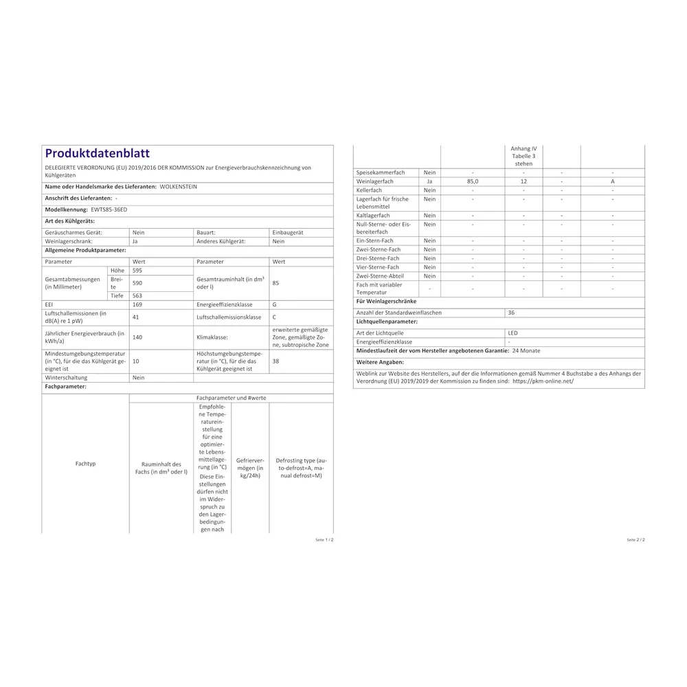 Wolkenstein EWTS85-36ED | Cantinetta da incasso | Per 36 bottiglie | 2 zone di temperatura | 3 ripiani in — 4