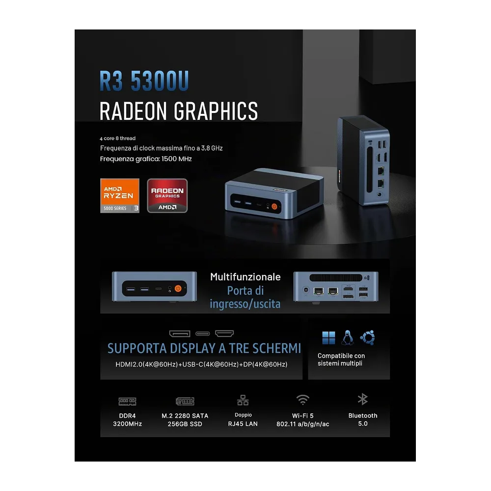 BOSGAME E5 Mini PC Windows 11 Pro, AMD Ryzen 3 5300U (fino a 3.8GHz), 8GB DDR4 256GB SSD, Mini PC Ryzen con — 3