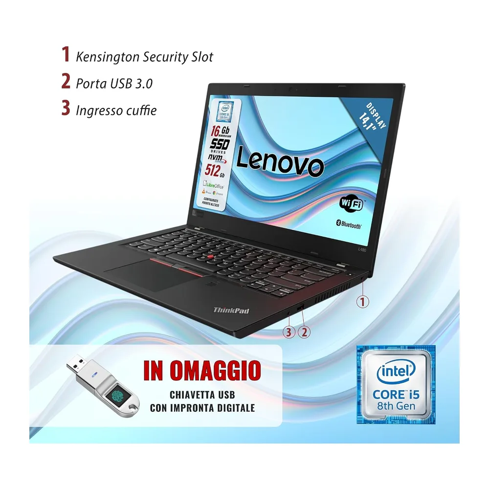 Lenovo ThinkPad - Pc portatile Intel i5-8250U - Pronto All'Uso con Libre - Display da 14,1" - Ram 16Gb SSD — 3