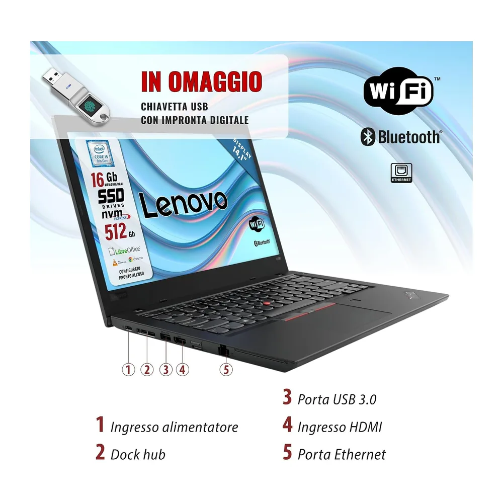 Lenovo ThinkPad - Pc portatile Intel i5-8250U - Pronto All'Uso con Libre - Display da 14,1" - Ram 16Gb SSD — 4