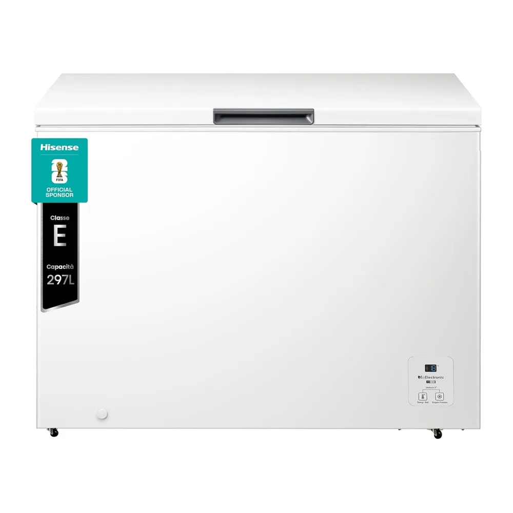Hisense FC386D4AWLYE - Congelatore a Pozzo 297 L di capacità, Classe E, Silenzioso 40dB, 4 Star, Bianco,