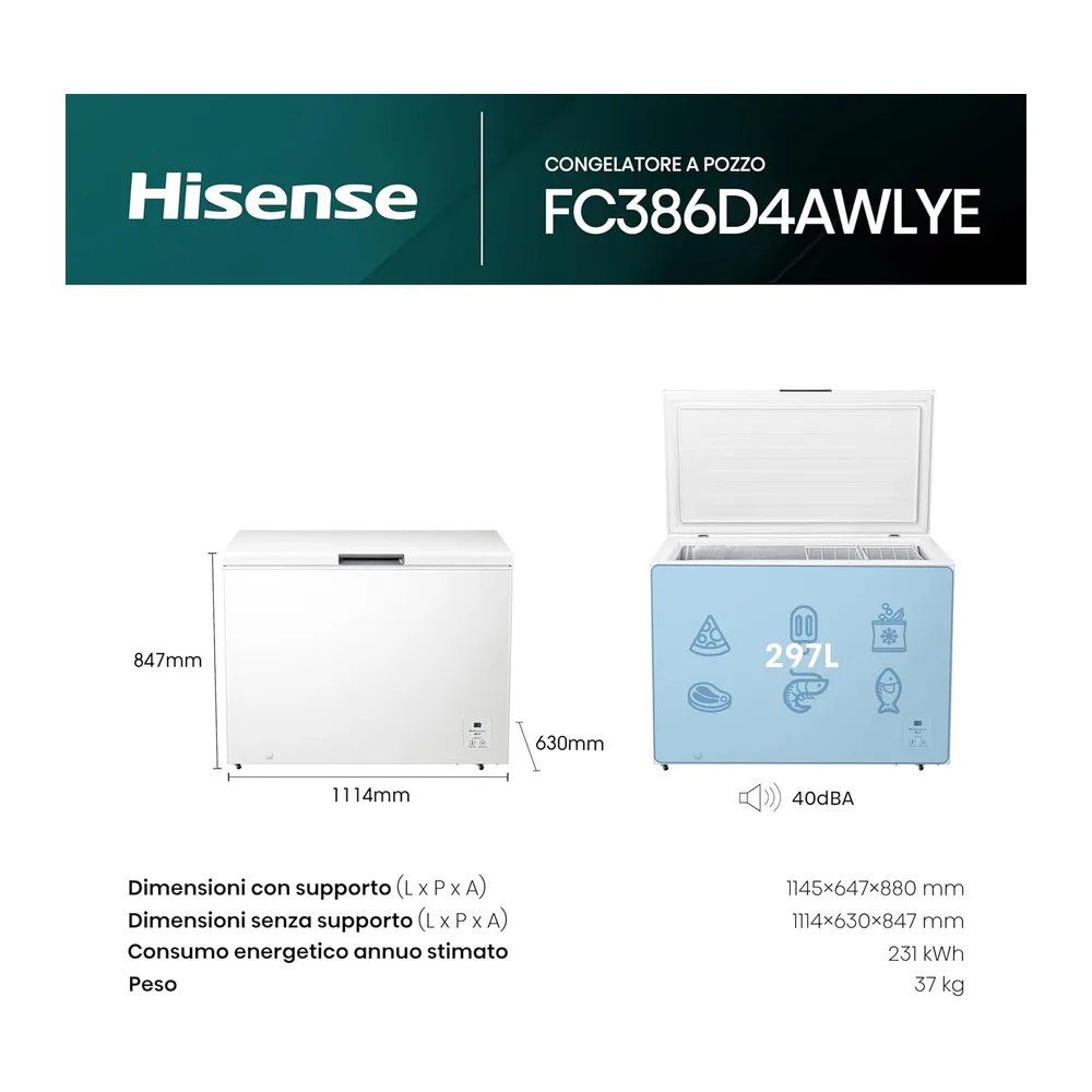 Hisense FC386D4AWLYE - Congelatore a Pozzo 297 L di capacità, Classe E, Silenzioso 40dB, 4 Star, Bianco, — 2