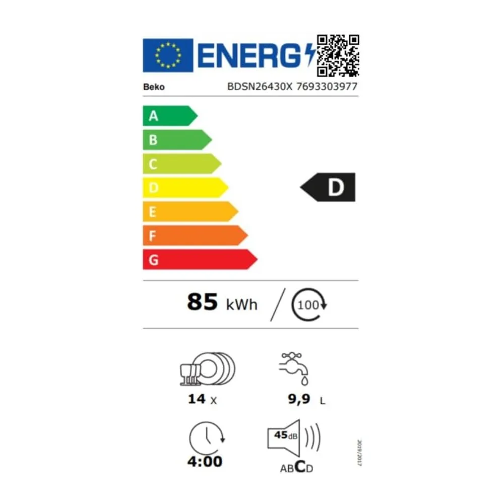 Beko BDSN26430X - Lavastoviglie 14 coperti, a scomparsa parziale, Classe Energetica D [Classe di efficienza — 5