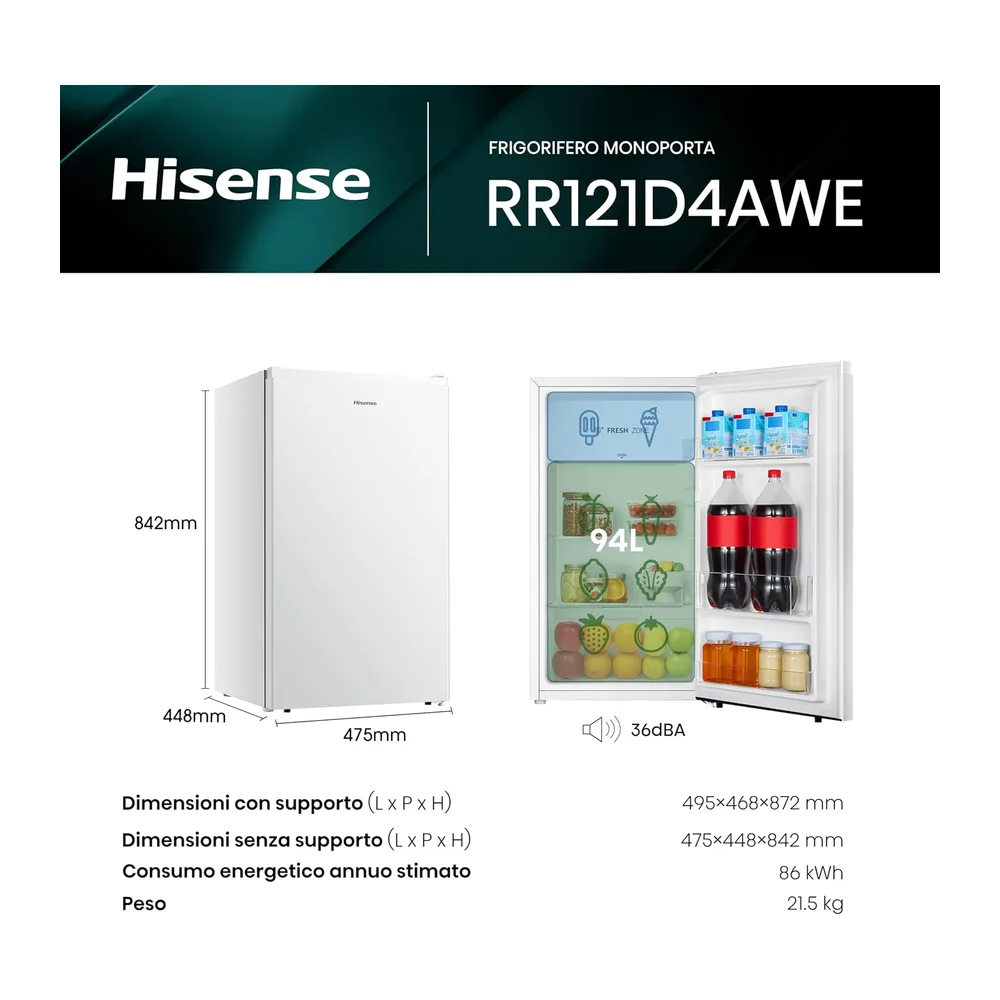 Hisense RR121D4AWE - Frigorifero Monoporta con cassetto fresh zone, Bianco, 94 L, classe E [Classe di — 2