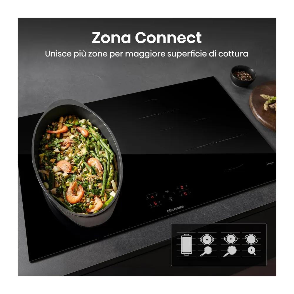 Hisense HI8421BSC Piano induzione, 4 zone, Comandi indipendenti, Connect Zone, Timer, Power Management — 5