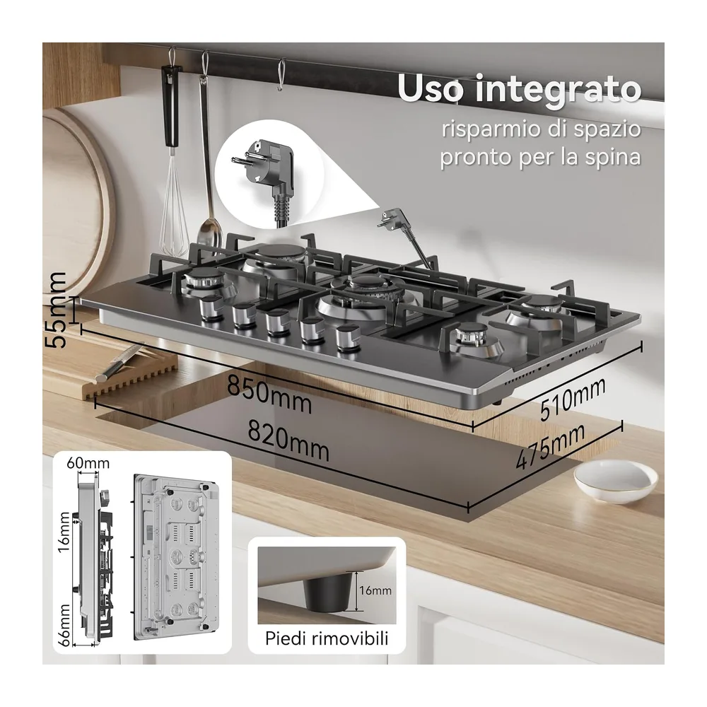 Hermitlux Piano Cottura a Gas 5 Fuochi 85cm da Incasso Acciaio Inossidabile — 2