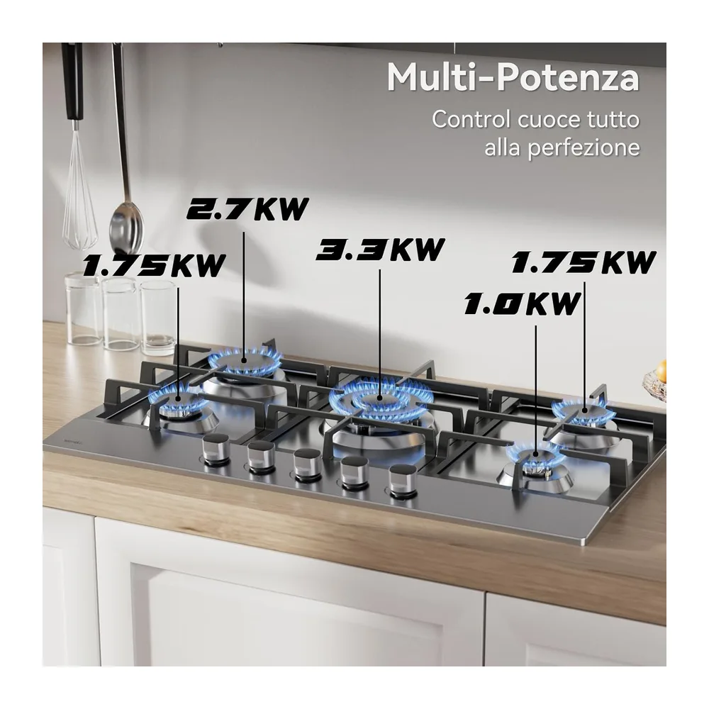 Hermitlux Piano Cottura a Gas 5 Fuochi 85cm da Incasso Acciaio Inossidabile — 3