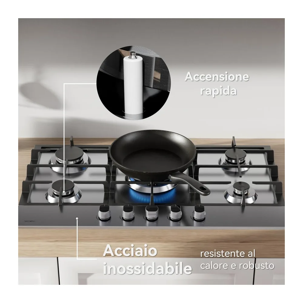 Hermitlux Piano Cottura a Gas 5 Fuochi 85cm da Incasso Acciaio Inossidabile — 6