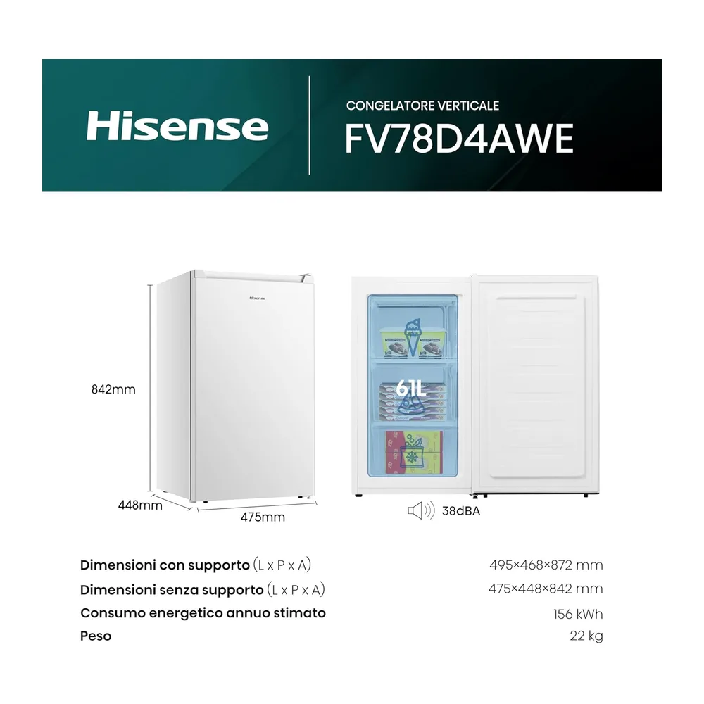 Hisense FV78D4AWE Congelatore Monoporta Verticale a libera installazione — 2