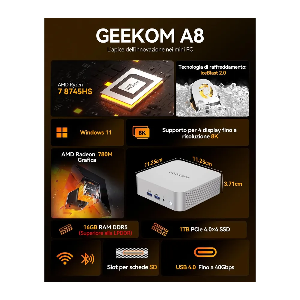 GEEKOM A8 [Mini PC da Ufficio Premium]con AMD Ryzen 7 8745HS| — 2