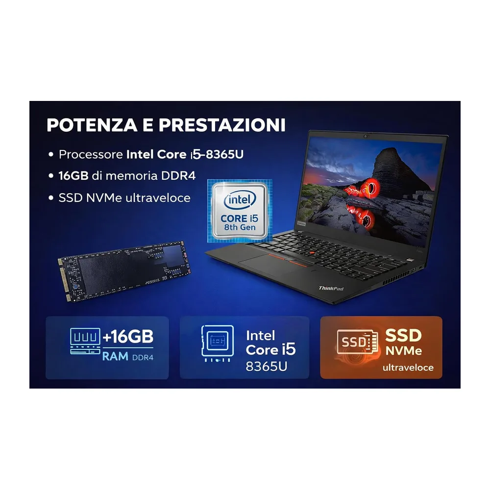 Lenovo ThinkPad T480 Laptop | 14 pollici | 1920 x 1080 | Intel Core i5-8th | 16 GB DDR4 | 512 GB NVMe | — 3