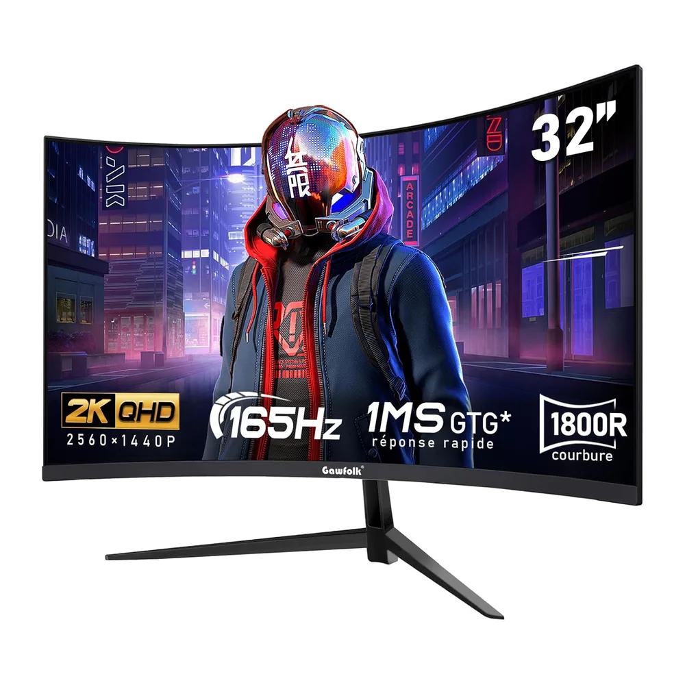 Gawfolk Schermo PC da 32 pollici, 2 K WQHD(2560 × 1440 P), 165 Hz curvo Gaming Monitor, 1 ms senza lunetta,