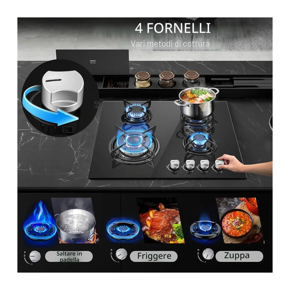 TopStrong Piano Cottura 4 Fuochi Gas, Piano Cottura Gas Vetro Incasso, Protezione Flame-Out, Gas — 2