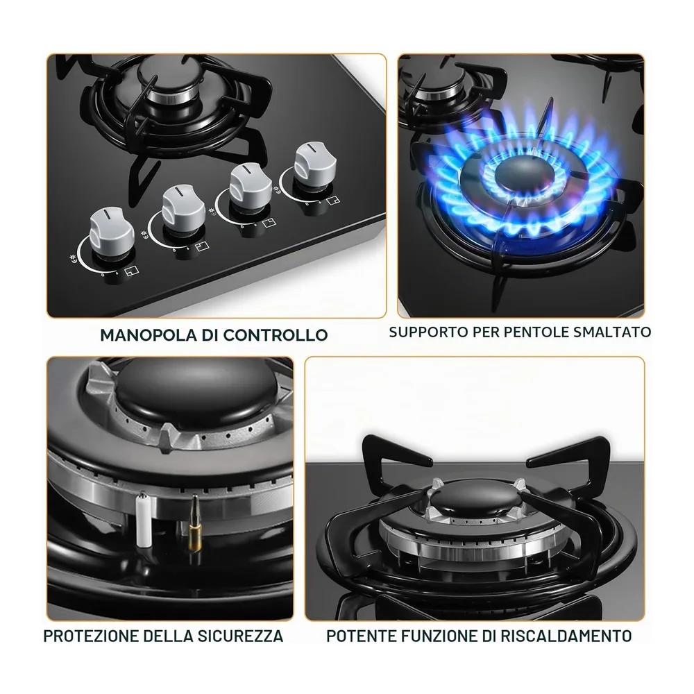 TopStrong Piano Cottura 4 Fuochi Gas, Piano Cottura Gas Vetro Incasso, Protezione Flame-Out, Gas — 4