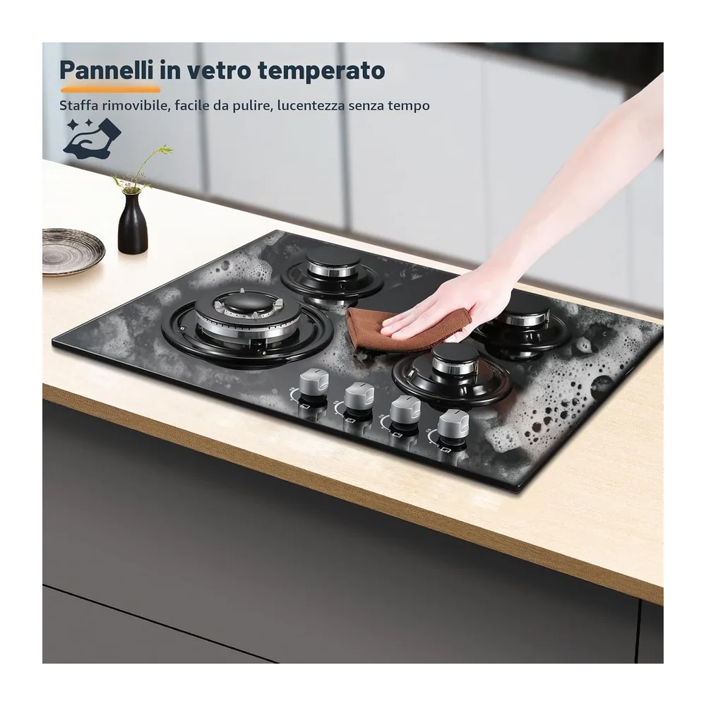 TopStrong Piano Cottura 4 Fuochi Gas, Piano Cottura Gas Vetro Incasso, Protezione Flame-Out, Gas — 5