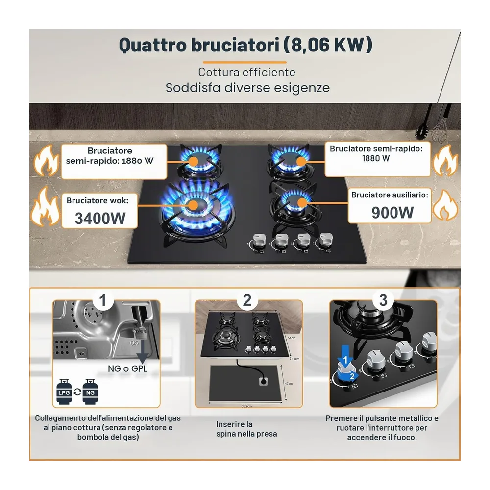 TopStrong Piano Cottura 4 Fuochi Gas, Piano Cottura Gas Vetro Incasso, Protezione Flame-Out, Gas — 6