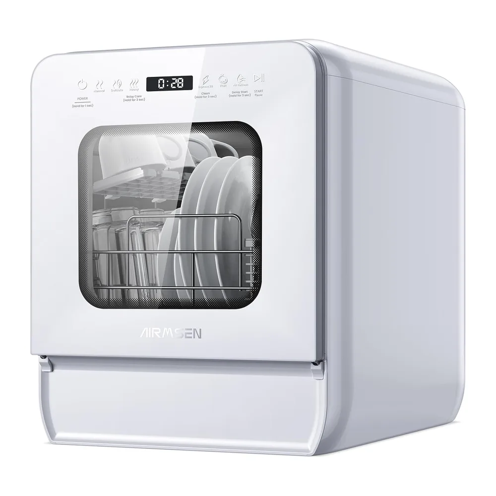 AIRMSEN Lavastoviglie Portatile, 7+2 Programmi, Serbatoio 5L, 4 Coperti, Design Ultra-Stretto 37x50cm, Avvio
