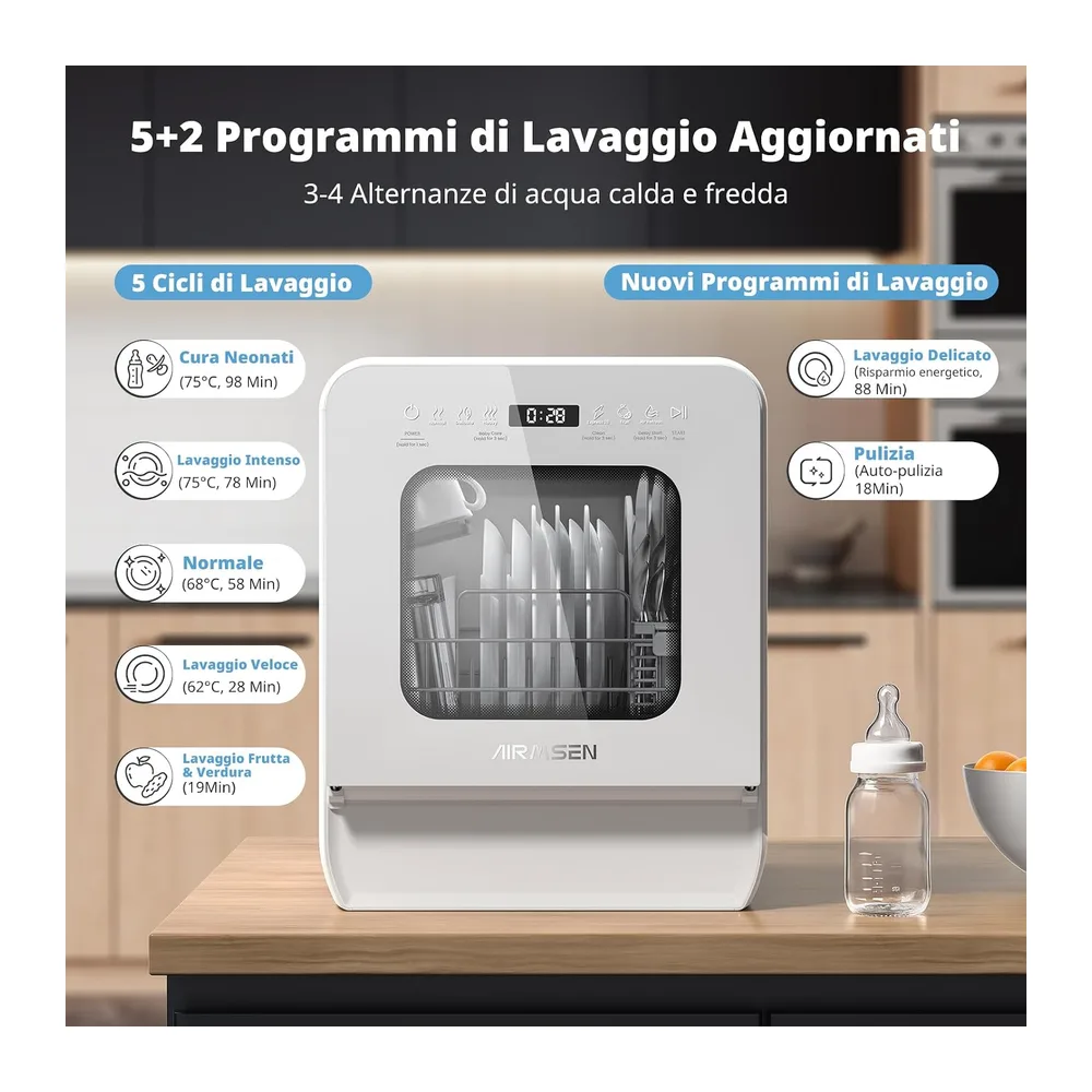 AIRMSEN Lavastoviglie Portatile, 7+2 Programmi, Serbatoio 5L, 4 Coperti, Design Ultra-Stretto 37x50cm, Avvio — 2