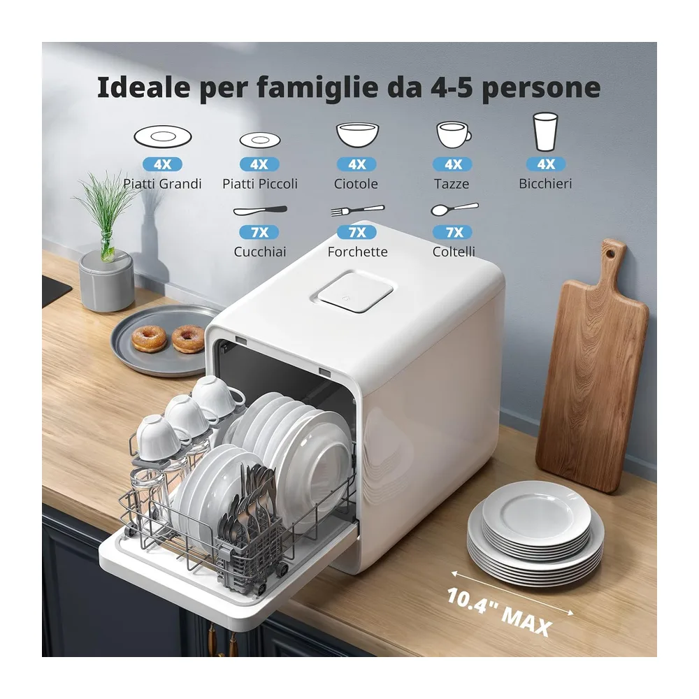 AIRMSEN Lavastoviglie Portatile, 7+2 Programmi, Serbatoio 5L, 4 Coperti, Design Ultra-Stretto 37x50cm, Avvio — 3