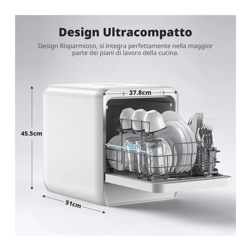 AIRMSEN Lavastoviglie Portatile, 7+2 Programmi, Serbatoio 5L, 4 Coperti, Design Ultra-Stretto 37x50cm, Avvio — 4
