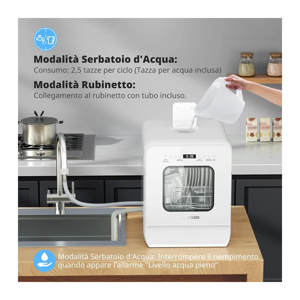 AIRMSEN Lavastoviglie Portatile, 7+2 Programmi, Serbatoio 5L, 4 Coperti, Design Ultra-Stretto 37x50cm, Avvio — 6