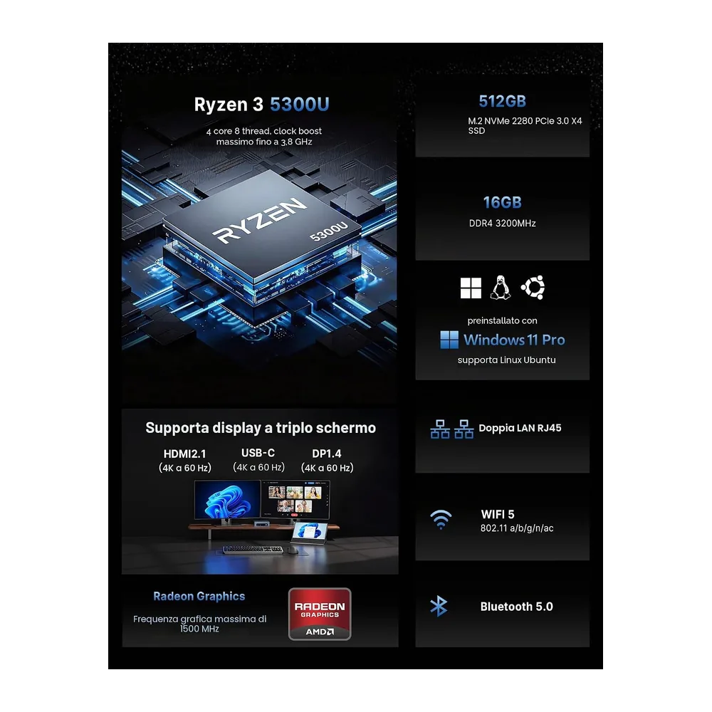BOSGAME E5 Home-Office-Mini PC, Ryzen 5300U (Supera 4300U/N150, Fino a 3.8GHz), 16GB DDR4 RAM 512GB NVMe SSD — 2