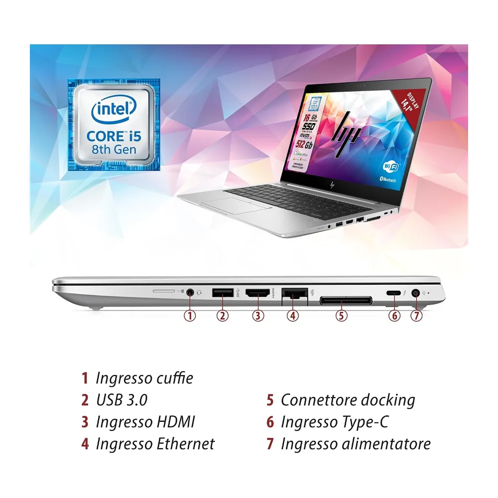 HP Elitebook, Intel i5-8Th 4 Core 1.7Ghz, Display 14,1", Ram 16Gb, SSD 512Gb, Pc Portatile Notebook Pronto — 3