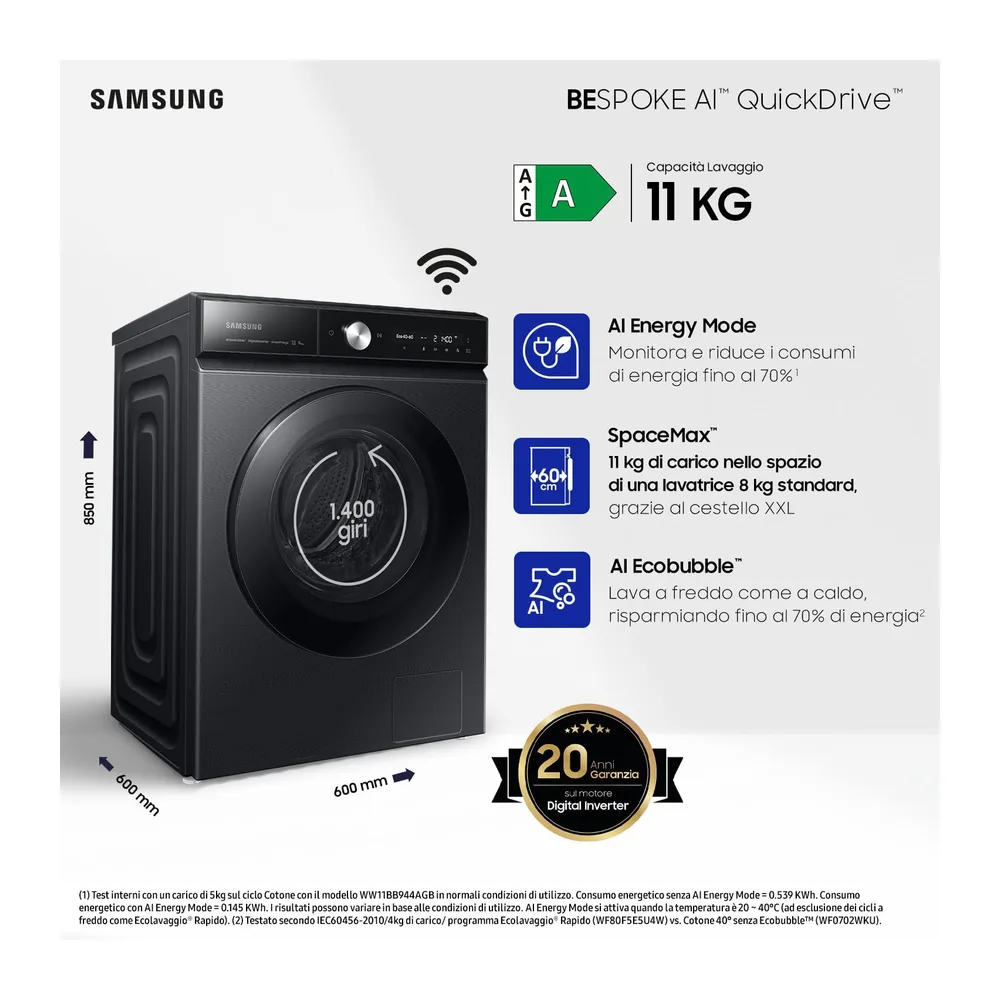 Samsung Lavatrice Bespoke AI Quickdrive WW11DB8B95GB/U3 — 2