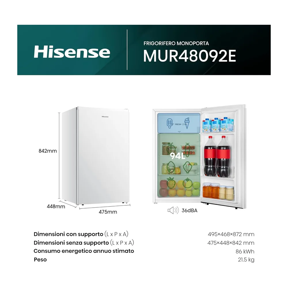 Hisense MUR48092E Frigorifero Monoporta, Classe Efficienza Energetica E, Bianco, 94 Litri [Classe di — 2