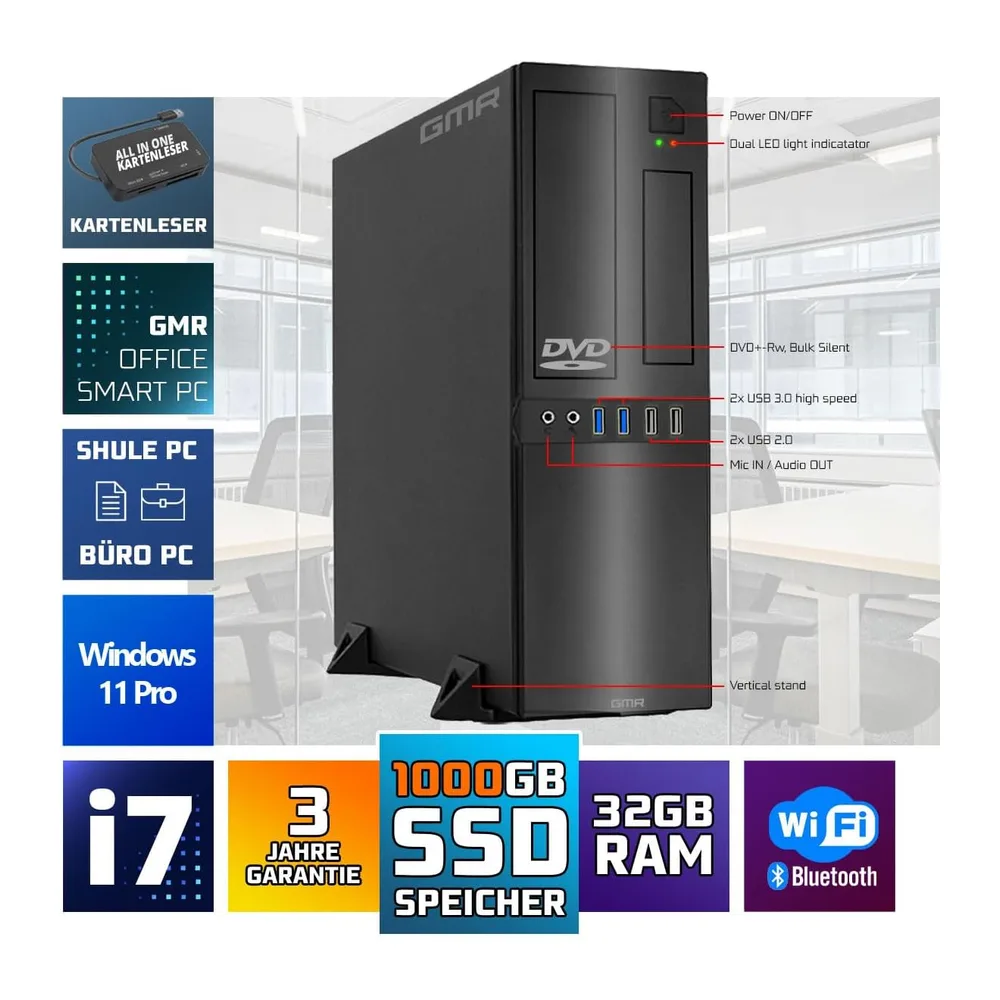 GMR Ultra Slim i7 Office PC - Business Office Computer | 3 anni di garanzia | 32 GB di RAM | 1000 GB SSD | — 2