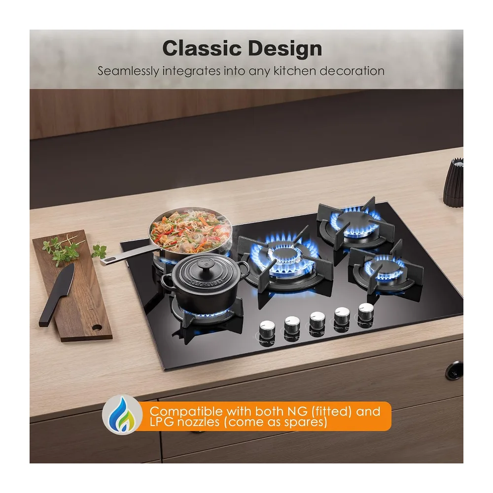 SNDOAS Piano Cottura 5 Fuochi, Piano Cottura Nero 70cm, 10400 W — 2