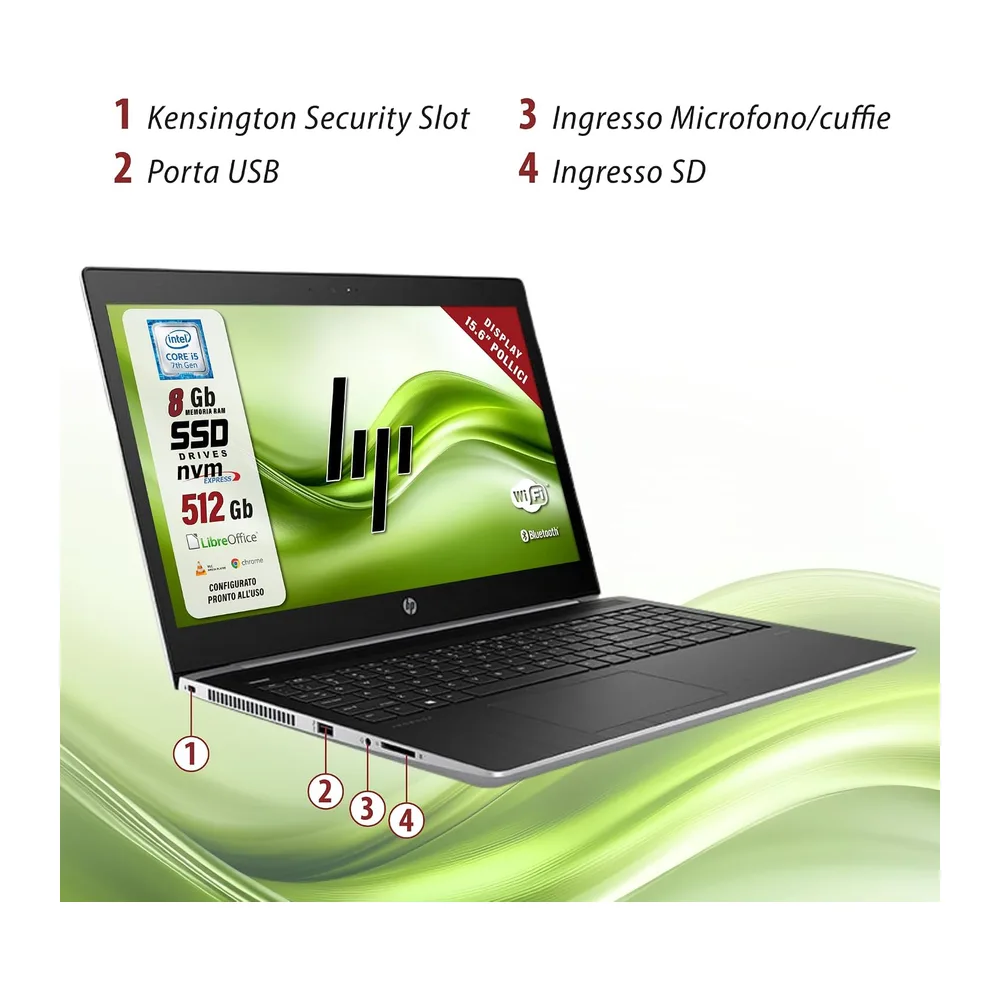 HP Probook 450 G5 - Pc Portatile intel i5-7200u 2.5Ghz 2 Core - Display HD da 15.6" - Ram 8Gb SSD 512 Gb - — 3