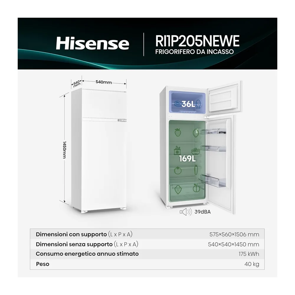 Hisense RI1P205NEWE Frigorifero Combinato Incasso 205 Litri — 2
