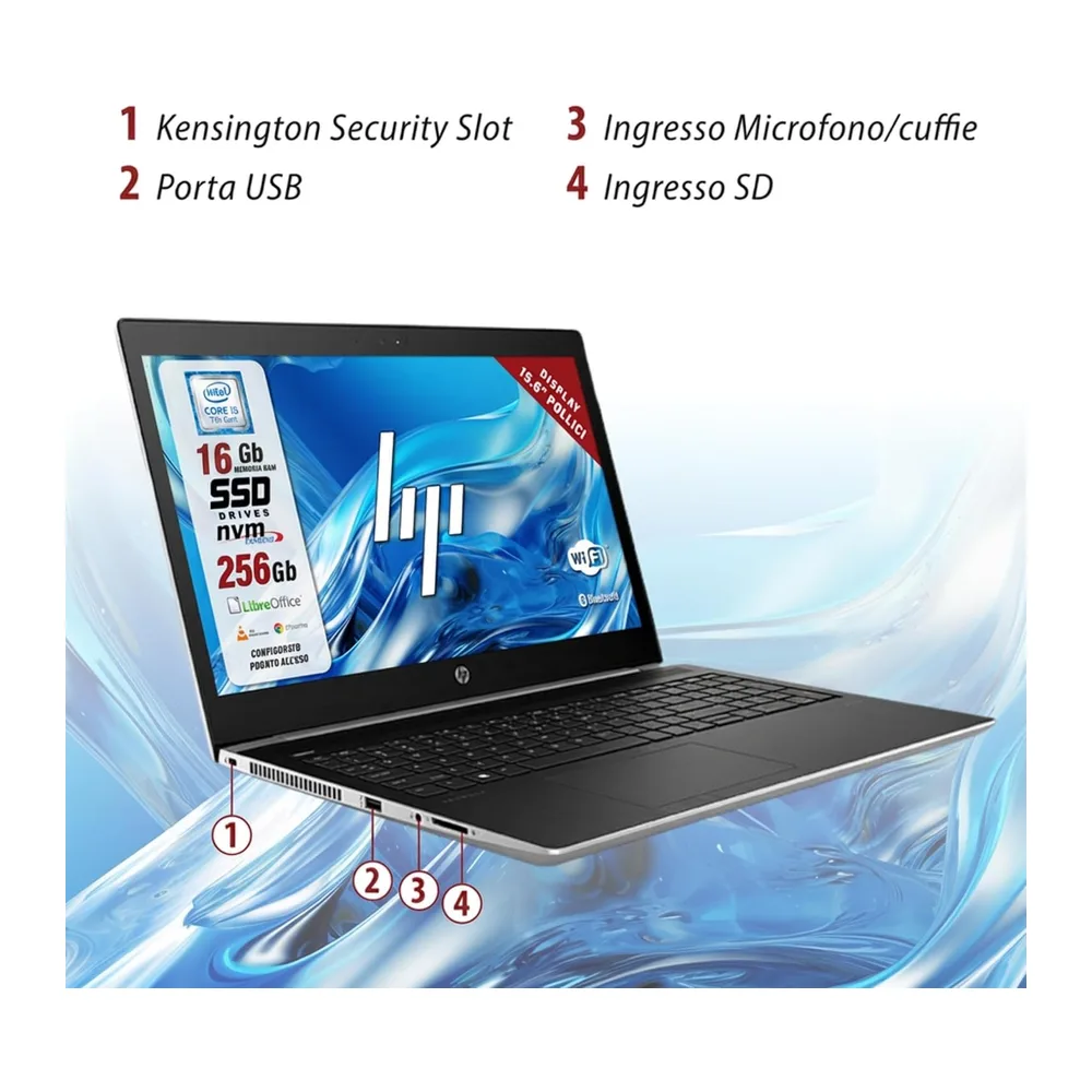 HP Probook, Pc Portatile intel i5-7200u 2.5Ghz 2 Core, Display HD da 15.6", Ram 16Gb, SSD 256 Gb, Notebook — 3