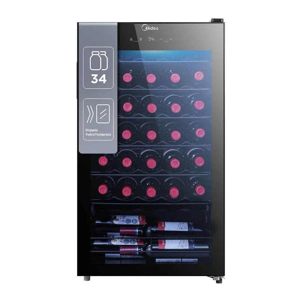 Midea Cantinetta Vino 34 Bottiglie, 5-18℃, Nero [Classe di efficienza energetica G]