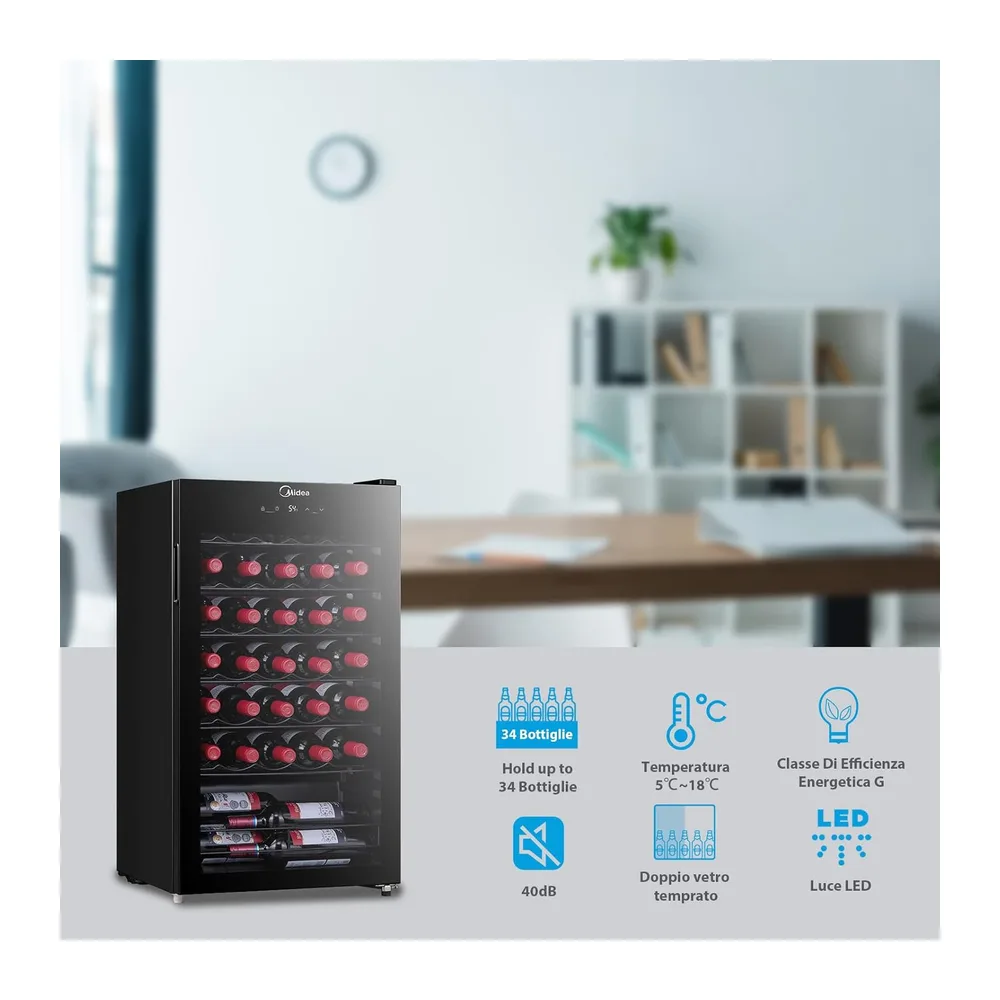 Midea Cantinetta Vino 34 Bottiglie, 5-18℃, Nero [Classe di efficienza energetica G] — 2