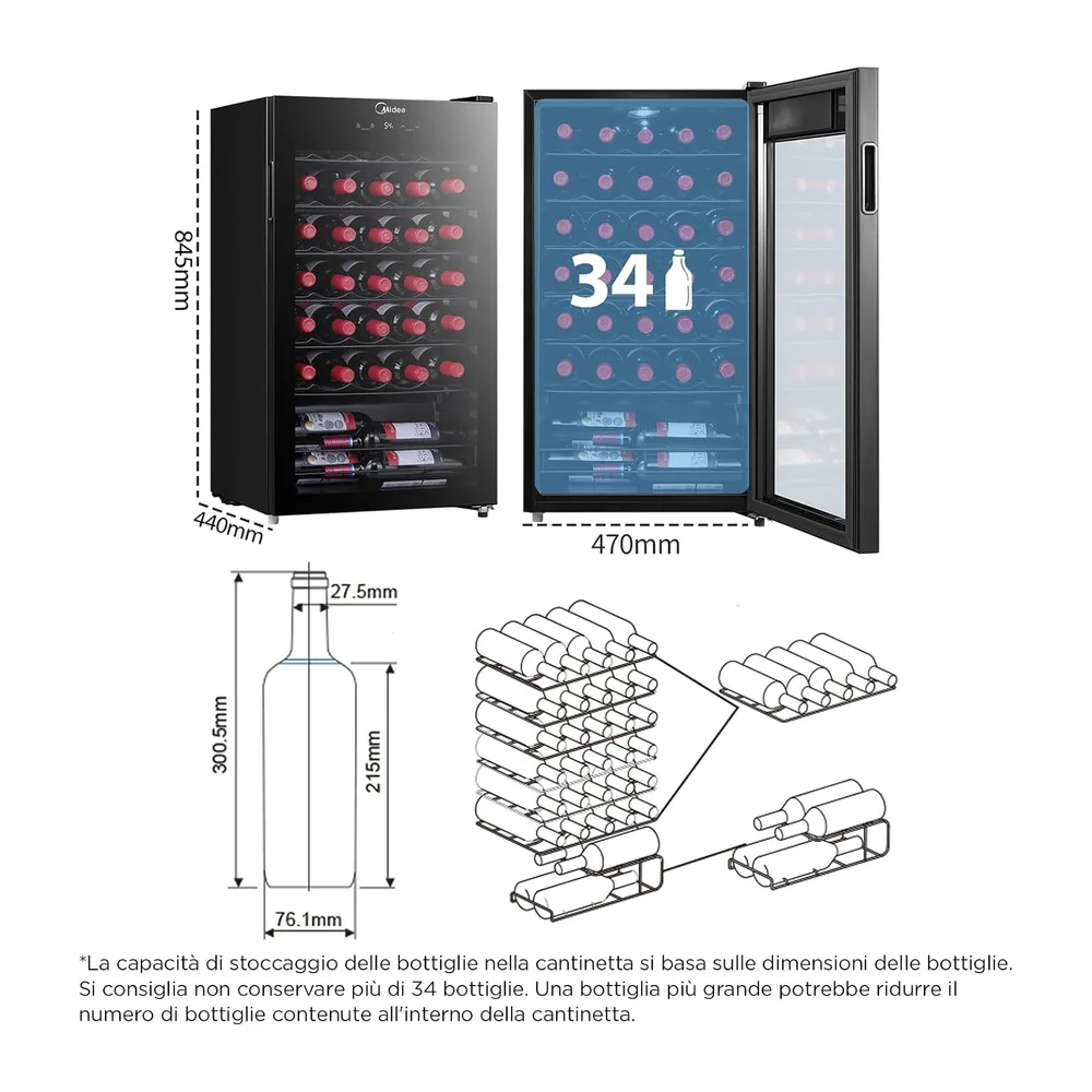 Midea Cantinetta Vino 34 Bottiglie, 5-18℃, Nero [Classe di efficienza energetica G] — 3