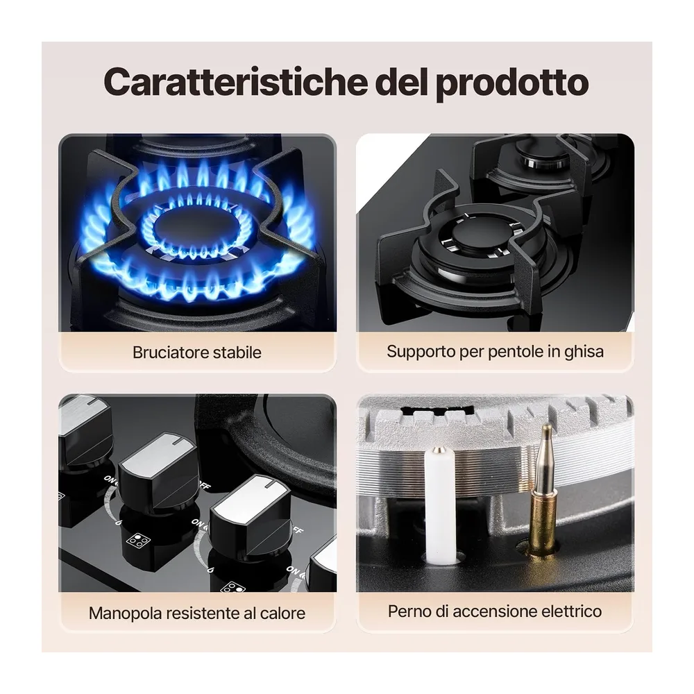 WEHIMO Piano Cottura a Gas 4 Fuochi da Incasso — 6