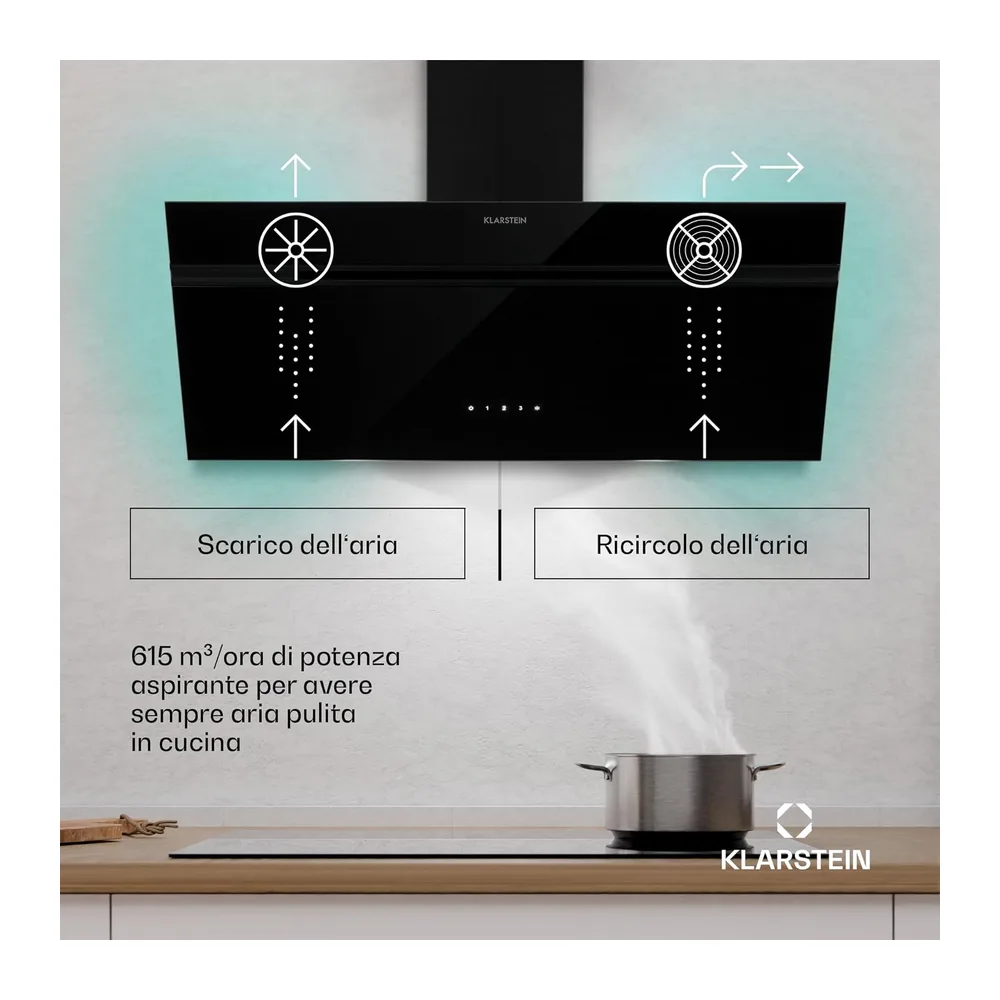 Klarstein Alina - Cappa Aspirante, 90cm, Cappa a Parete, 615 m³/ora, Classe A, LED a 9 Colori, Touch Control, — 2