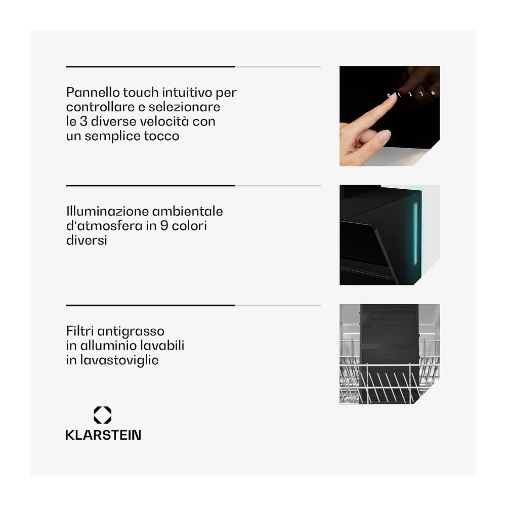 Klarstein Alina - Cappa Aspirante, 90cm, Cappa a Parete, 615 m³/ora, Classe A, LED a 9 Colori, Touch Control, — 6