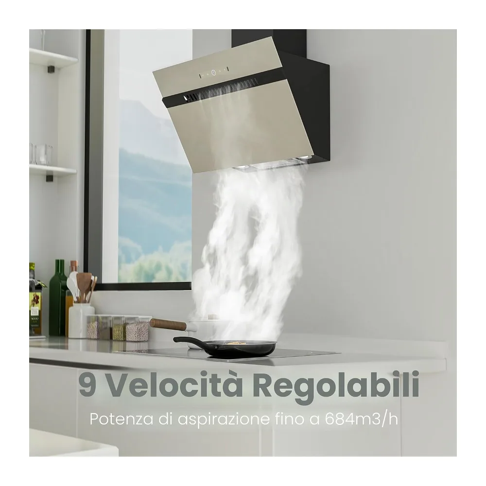 FIREGAS Cappa Inclinata 60 cm, 684 m³/h, 9 Vel, Touch/Gesti, A+++, Grigio [Classe di efficienza energetica — 3