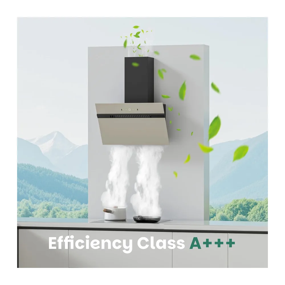 FIREGAS Cappa Inclinata 60 cm, 684 m³/h, 9 Vel, Touch/Gesti, A+++, Grigio [Classe di efficienza energetica — 4